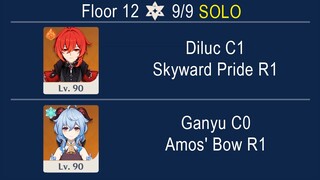 Spiral Abyss Floor 12 New Skin Diluc C1 🔥 & Ganyu C0 ❄ Clear Solo Showcase (9star) Genshin Impact