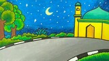 Menggambar pemandangan masjid || Menggambar pemandangan malam Ramadhan
