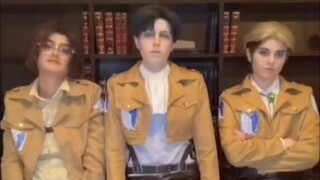 #Giant cosplayer# Levi is taller than Hanji and Erwin