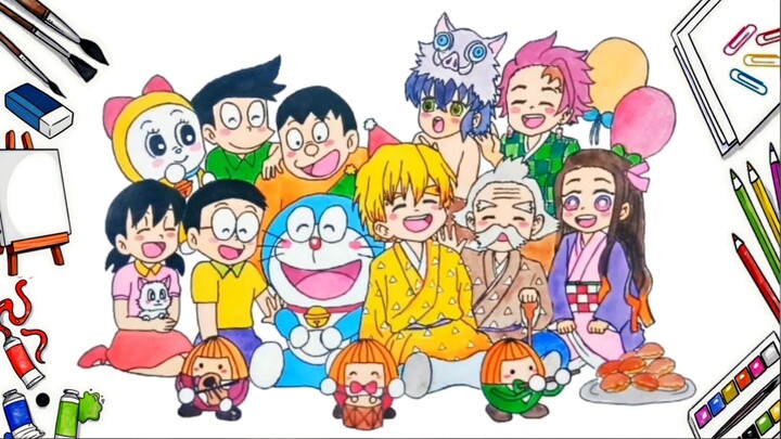 Cara Menggambar Temannya DORAEMON II DORAEMON X DEMON SLAYER