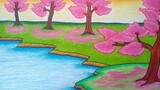 Menggambar pemandangan pohon bunga sakura || Cara menggambar dan mewarnai bunga sakura
