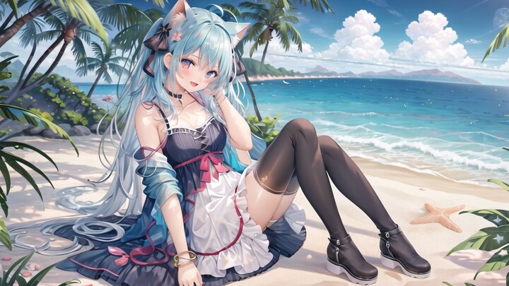 Summer at the seaside, blue sky cat girl! Meow~【AI painting】