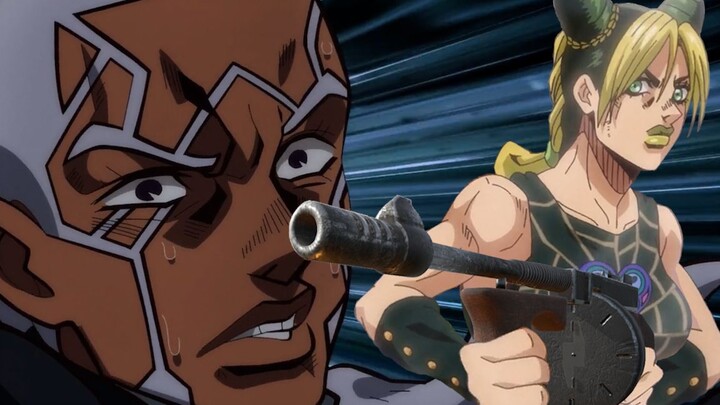 Jolyne using a Thompson submachine gun