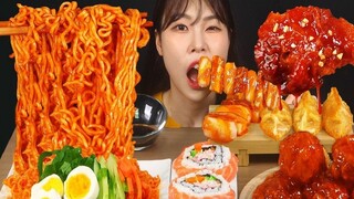 รายการอาหารเกาหลี |. แซลมอน ซูชิ บะหมี่ และไก่ทอดพร้อมซอส [ไอศกรีม Omni SULGI]