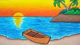 Menggambar pemandangan matahari terbenam || Cara menggambar dan mewarnai laut