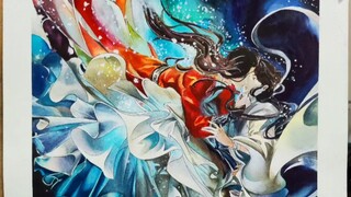 Tranh vẽ tay Thiên Quan Tứ Phúc cảnh dưới nước nổi tiếng ~ bản sao màu nước, bức tranh trước không đ