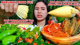 MAKAN JANTUNG PISANG MENTAH IKAN ASIN SAMBEL KECOMBRANG TUMIS BATANG PEPAYA LALAPAN  LABU SIAM