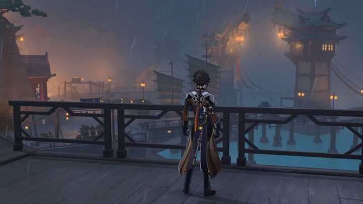 [ Genshin Impact ] Walking into Liyue Harbor in the rain, the cloud and mist special effects are beautiful
