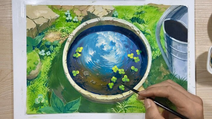 不透明水彩《水上四叶草》绘画全过程