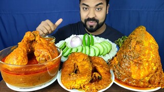 SPICY ROHU FISH CURRY, BIG FISH HEAD CURRY, TOMATO CHICKEN CURRY, RICE, CHILI MUKBANG EATING SHOW |