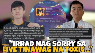 RRQ CEO TINAWAG NA TOXIC SI IRRAD? IRRAD NAG SORRY LIVE ALAMIN KUNG BAKIT! BALOY NASA SQUAD NG OMGN?