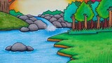 Menggambar pemandangan sungai dan hutan || Menggambar air terjun dan sungai
