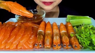 แซลมอนดิบ ASMR กุ้ง🦐น้ำจิ้มรสแซ่บ 🌶🔥 MUKBANG SEA FOOD ( EATING SOUNDS )