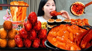 ASMR MUKBANG| 직접 만든 불닭 로제 떡볶이 양념치킨 김밥 치즈볼 먹방 & 레시피 FIRE NOODLES AND Tteokbokki EATING