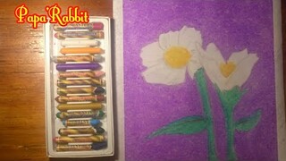 White Flowers with violet background.  draw.  using Oil pastel