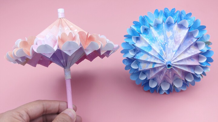 教你折可收缩的立体小花伞，成品非常漂亮，手工DIY折纸教程