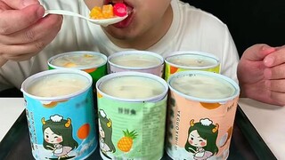 [ASMR]กินโยเกิร์ตผลไม้กระป๋องกับพุดดิ้ง