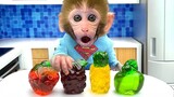 Monkey Baby Bon Bon eats fruit jelly and swim in the pool