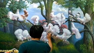 MENGGAMBAR - MELUKIS BURUNG MERPATI DENGAN AKRILIK / BURUNG DARA / MERPATI KIPAS / TIME LAPSE