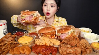 SUB)KFC 햄버거 치킨 먹방!🍔 커넬골드문버거 고스트헌터박스 닭껍질튀김 치즈스틱 너겟 에그타르트까지 리얼사운드 KFC Burgers Chicken Mukbang ASMR