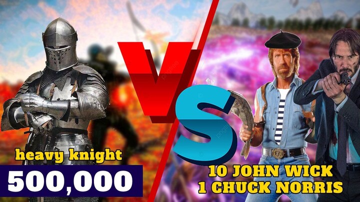 WHO WILL WIN? EPIC BATTLE OF X500 HEAVY KNIGHTS VS 1 CHUCK NORRIS AND 10 JOHN WICK! UEBS 2