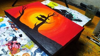 Cara melukis burung hantu dan sunset | Owl At Sunset Acrylic Painting