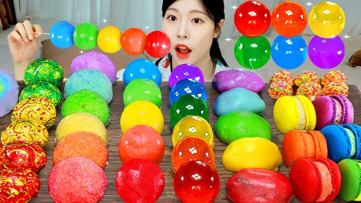 ASMR MUKBANG| 레인보우 디저트 무지개 코하쿠토 마카롱 젤리 먹방 & 레시피 RAINBOW DESSERT MACARONS EATING