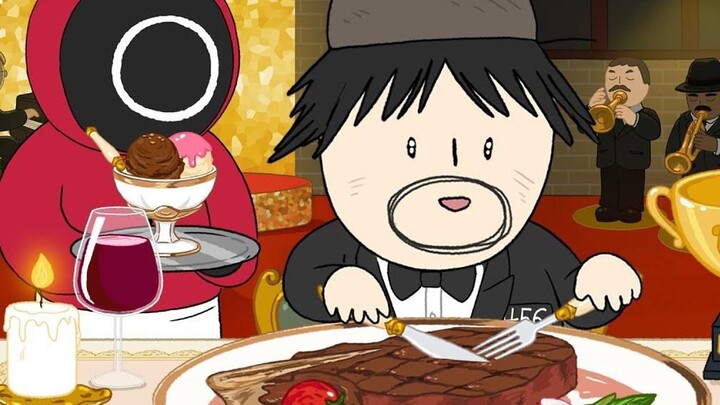 【Hoạt hình foomuk】 Bữa ăn bít tết cho người chiến thắng trò chơi câu mực số 456! Ăn kèm với kem hàu!