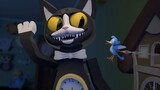 Jam tangan dan jam menampilkan duel sengit, burung mekanis melawan kucing hitam besar, animasi lucu
