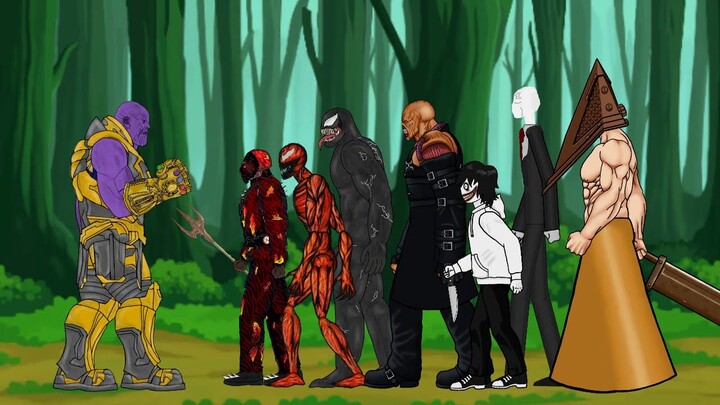 Thanos vs Venom, Carnage, Jason, Jeff, Slender-Man, Piramyd Head, Nemesis - Drawing Cartoon 2