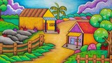 Cara menggambar dan mewarnai pemandangan alam pedesaan || Menggambar pemandangan rumah