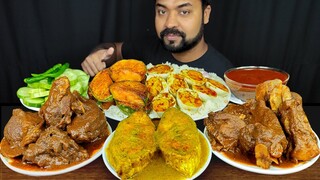 DESI STYLE MUTTON CURRY, HILSA FISH CURRY, BRINJAL FRY, EGGS, GRAVY, RICE MUKBANG ASMR EATING SHOW |