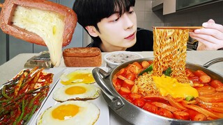 ASMR MUKBANG | 직접 만든 스팸 부대 라면 & 치즈 통스팸,계란, 파김치 먹방 | RECIPE KOREAN HOME FOOD الأرز المنزل Nhà gạo