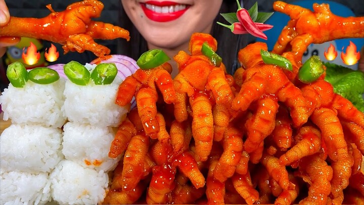 ASMR SPICY CHICKEN FEET, ONION, CHILI, RICE BALLS MUKBANG MASSIVE Eating Sounds