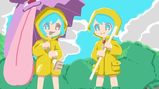 A cute guy with blue hair, wearing rain gear and holding a pole, isn't that him, isn't that him...