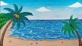 Cara menggambar pemandangan pantai || Menggambar pohon kelapa