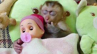 Mom Comfort Baby Monkey To Sleep// My Little boy Maki Very  Sleeping Well with Beautiful baby doll