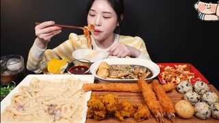 Mukbang mỳ sốt kem,bánh gạo sốt tương đen và đồ chiên #mukbang #ASMR