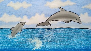Cara menggambar ikan lumba lumba || Belajar menggambar dan mewarnai ikan