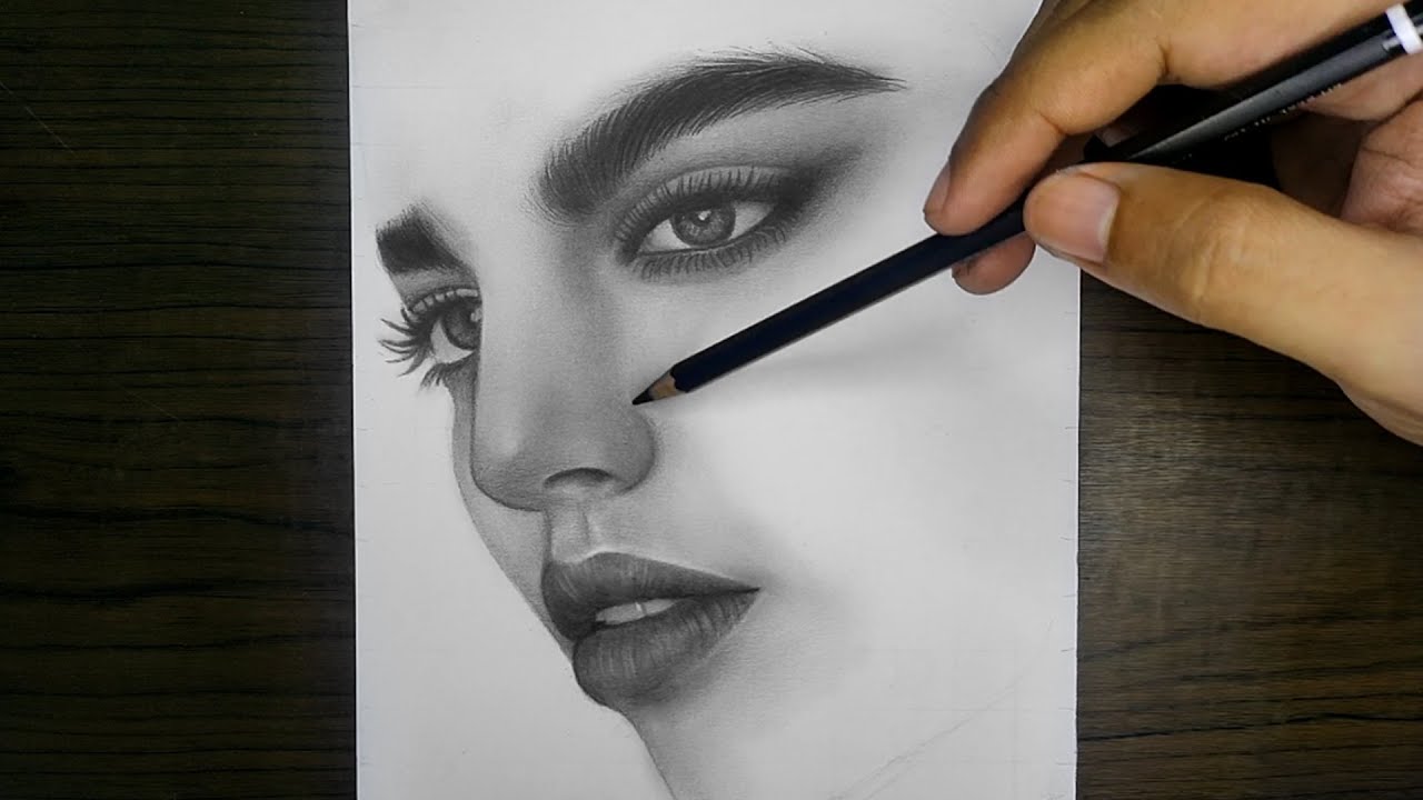 realistic girl face sketch side view