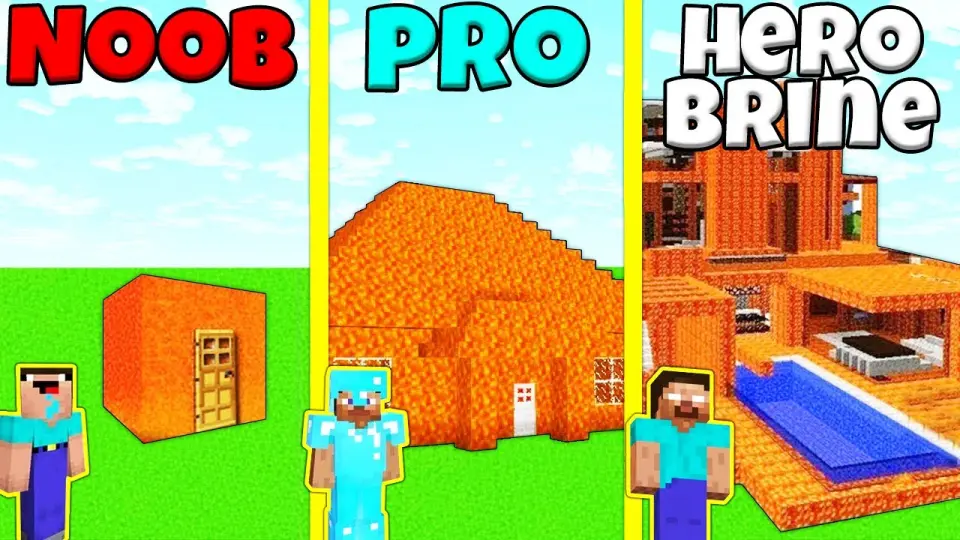 Minecraft Battle Noob Vs Pro Vs Herobrine Lava Block Base House Build Challenge Animation Bilibili