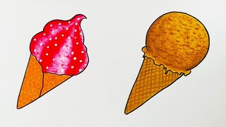 Cara menggambar dan mewarnai es krim || Menggambar es krim yang mudah