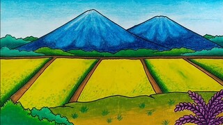 Menggambar pemandangan gunung dan sawah || Cara menggambar dan mewarnai pemandangan alam