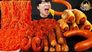 ASMR MUKBANG 직접 만든 떡볶이 불닭볶음면 소세지 핫도그 먹방 & 레시피 FIRE NOODLES AND Tteokbokki EATING SOUND!