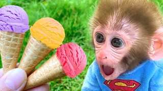 Monkey Baby Bon Bon กินไอศกรีมผลไม้กับกระต่ายน้อยและว่ายน้ำกับลูกสุนัขที่สระน้ำ