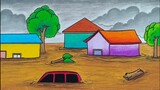 Menggambar tema bencana alam || Menggambar pemandangan banjir