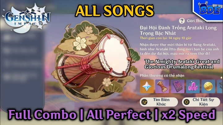 Toàn bộ BÀI NHẠC trong sự kiện ĐẠI HỘI ĐÁNH TRỐNG ARATAKI | All Perfect - x2 Speed (Genshin Impact)