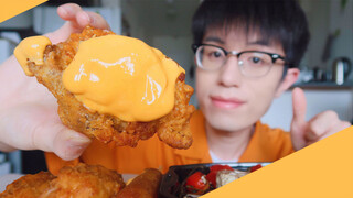 ASMR|ไก่ทอดกรอบชีส+ไส้กรอกฮอทดอก+ผัก