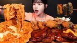 SUB)배떡 로제떡볶이에 BBQ 자메이카 통다리 꿀조합 먹방! 신메뉴 타르타르 새우튀김까지 Chicken with Rosé Tteokbokki Mukbang Asmr