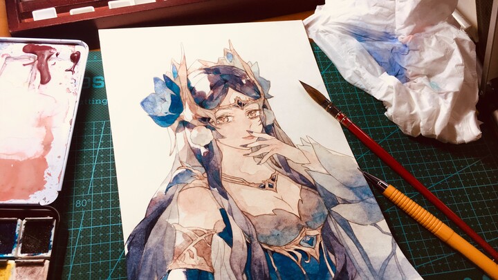 [Watercolor process] White cardboard painting Diao Chan Midsummer Night, that woman~